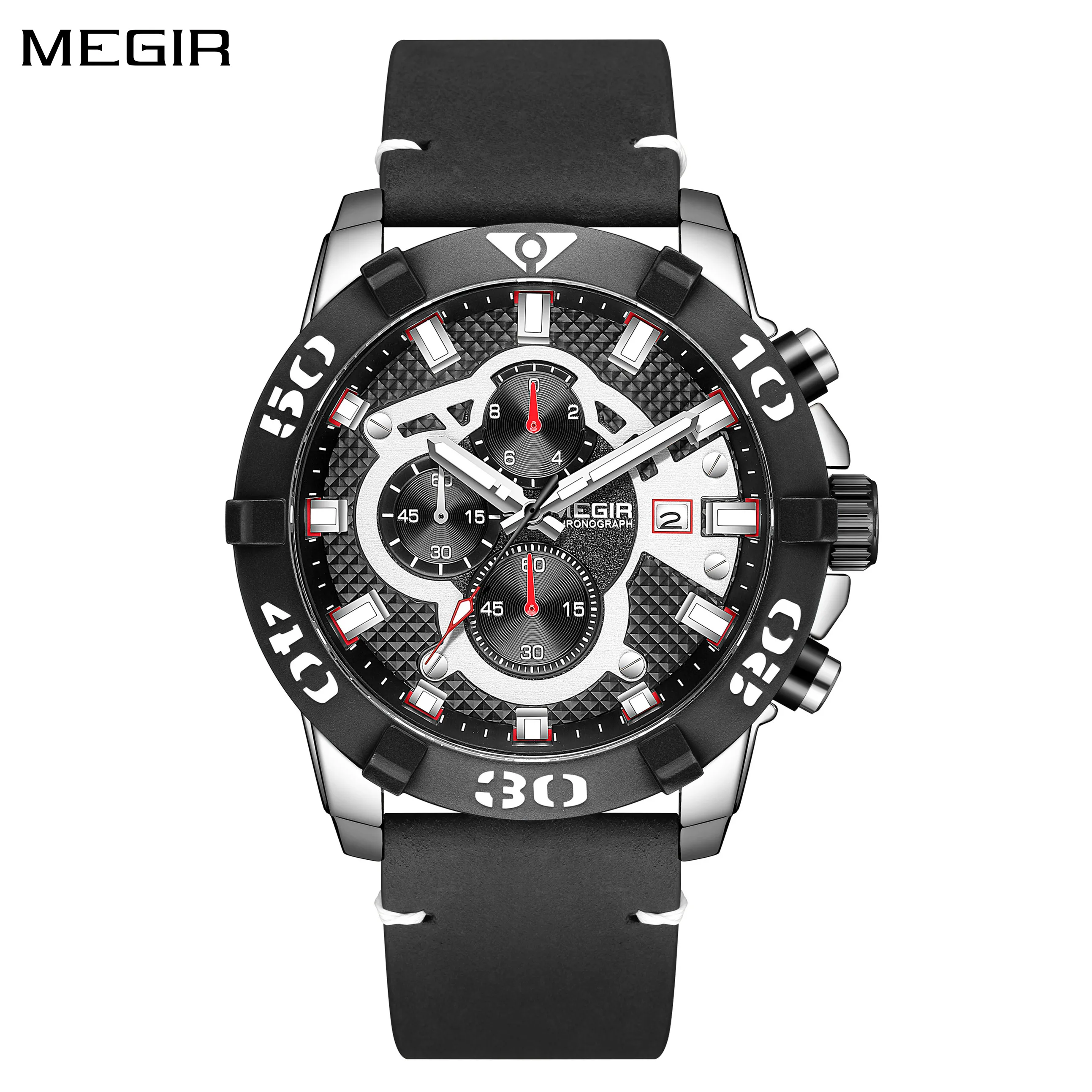 MEGIR Luxury Leather Strap Men Quartz Watches Chronograph Waterproof Luminous Date Sports Military Wristwatch Clock Reloj Hombre