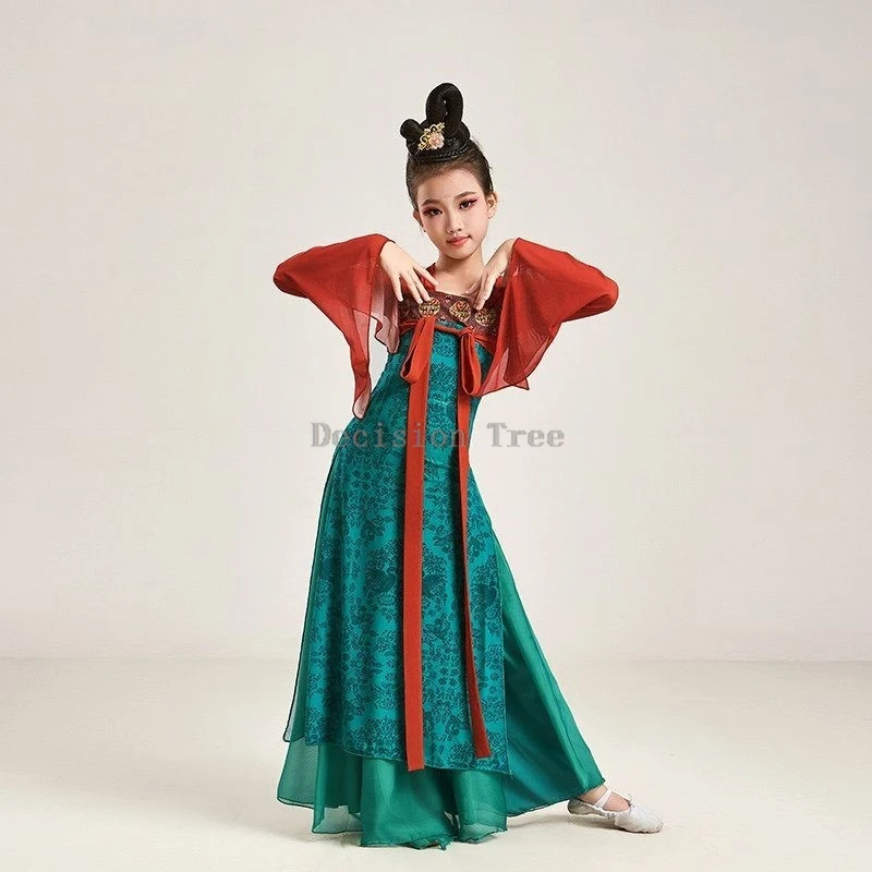 children's-classical-dance-training-costume-set-kids'-dance-skirt-with-headdress-chinese-ancient-hanfu-stage-performance-costume