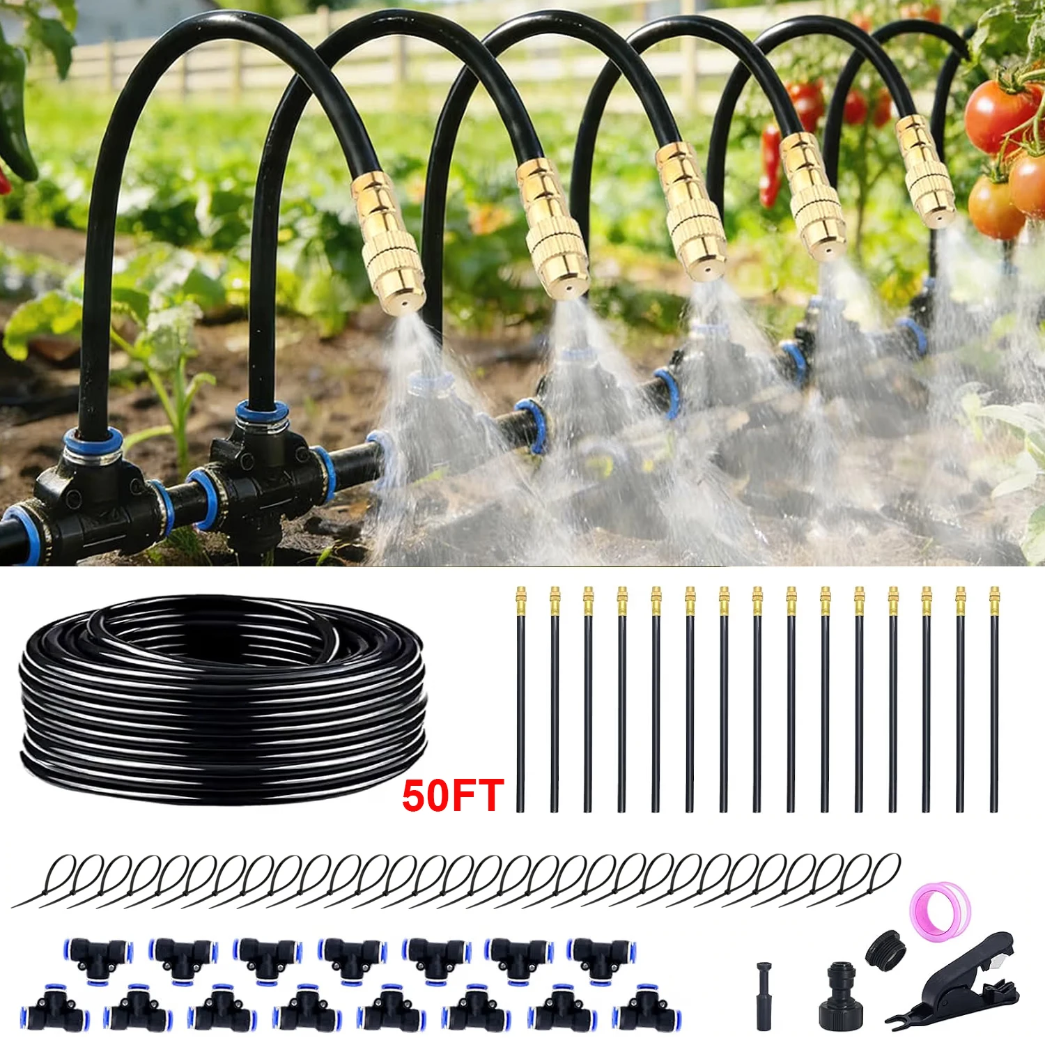 50FT DIY Garden Drip Irrigation System 360 Degree Brass Misting Nozzle Drip Yard Lawn Watering Kit Farm Micro Sprinkler System