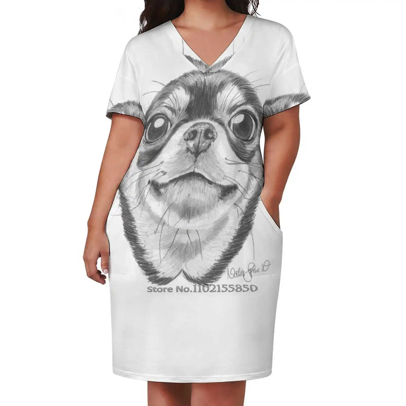 Chiwuahwuah Loose Pocket Dress Women Casual V Neck Dress Printed Dress Chihuahua Lover Chihuahua Art Chihuahua Chihuahua