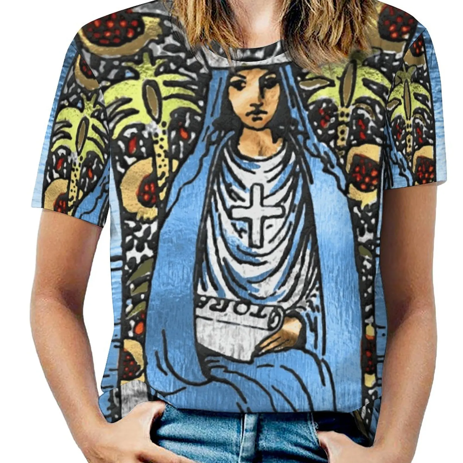 Tarot Gold Edition-Major Arcana-The High Priestess Fashion Print Women Ladies Girls T-Shirt Harajuku Round Neck Short Sleeve