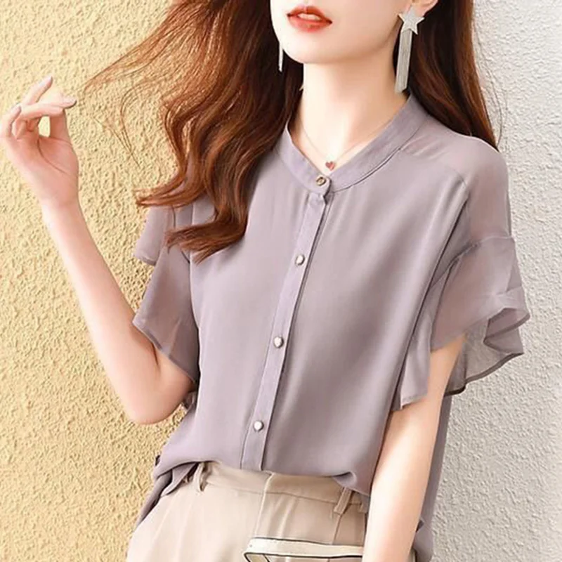 Elegant Solid Color Spliced Loose Ruffles Chiffon Shirt Women Clothing 2023 Summer New Casual Tops All-match Office Lady Blouse