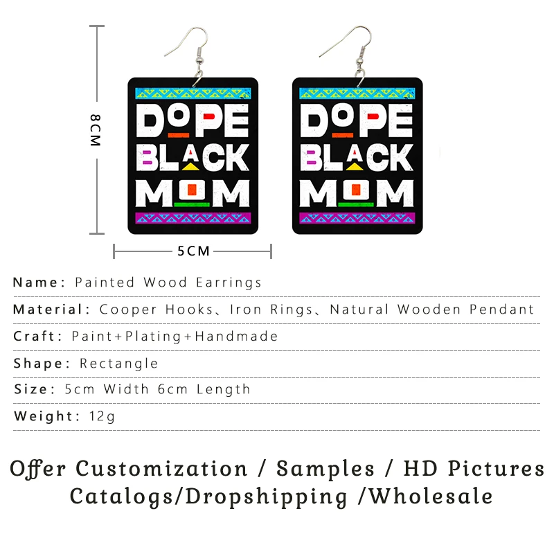 SOMESOOR Black History Melanin Poppin Rectangle Wooden Drop Earrings Educated Queen Powerful Sayings Printed Wood Dangle Jewelry