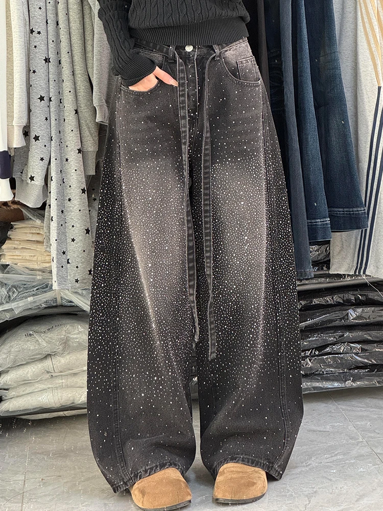 

Американские джинсовые брюки с блестками и бриллиантами на подкладке Fce, женские модные брюки длиной до пола с небольшим дизайном