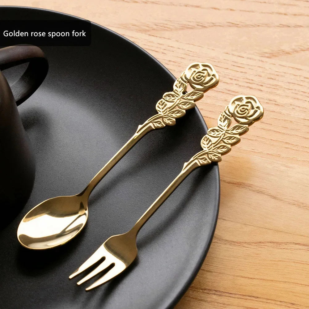 

Royal Rose Spoon Fork Coffee Stir European Retro Style Golden Spoon Fruit Fork Stainless Steel Dessert Spoons Kitchen Small Tool