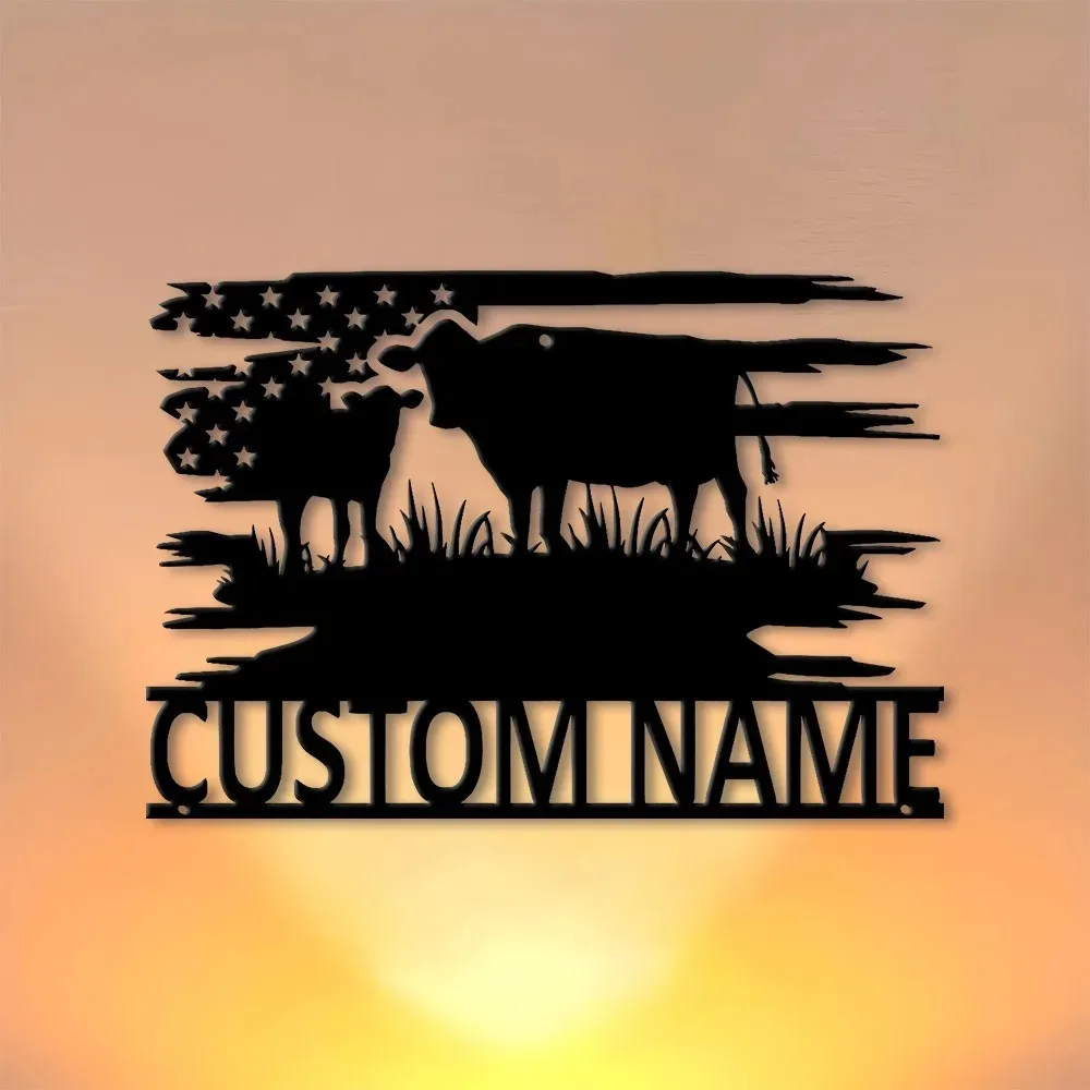 2D Flat Cow Herd American Flag Custom Metal Wall Art Rustic Farm Decor Gift for Farmers and Cattle Breeders