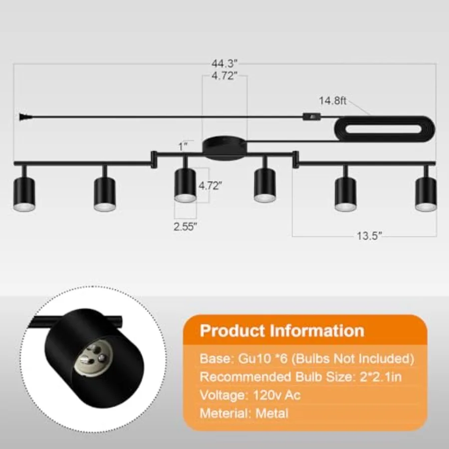 Plug in Track Lighting, LED Track Lighting Fixtures Ceiling, Black 6-Light Kitchen Light Kit, Plug in Wall Light with 14.8ft Po view 3