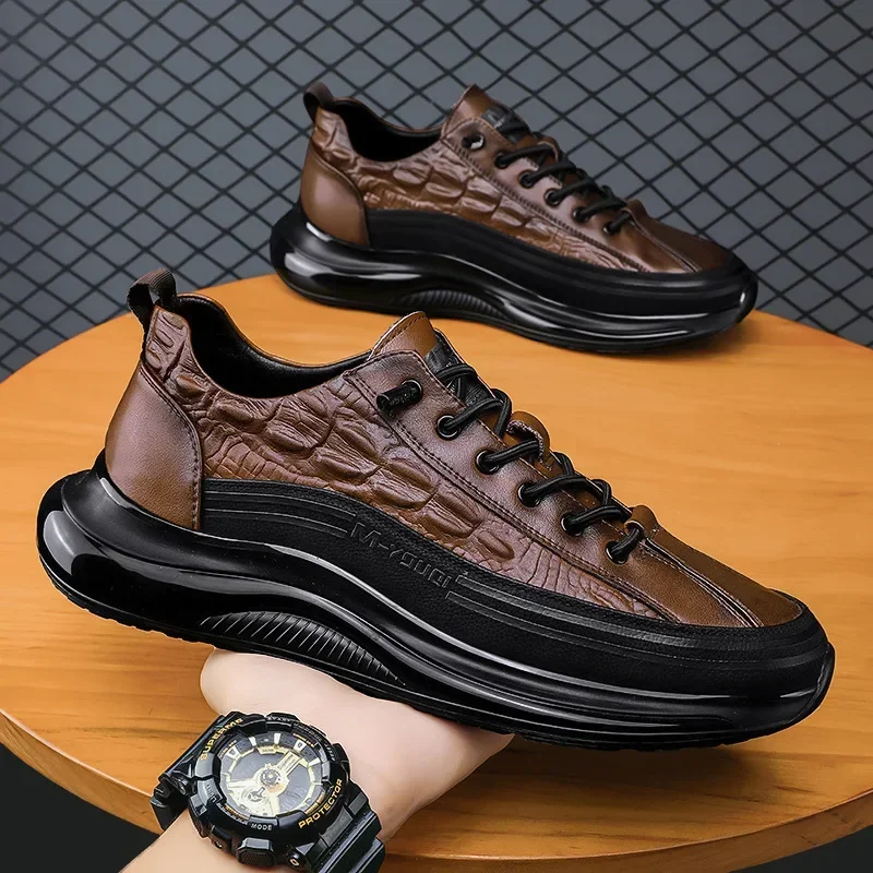 Crocodile print retro design leather men casual sneakers autumn platform walking shoes for men new chunky outdoor running shoes