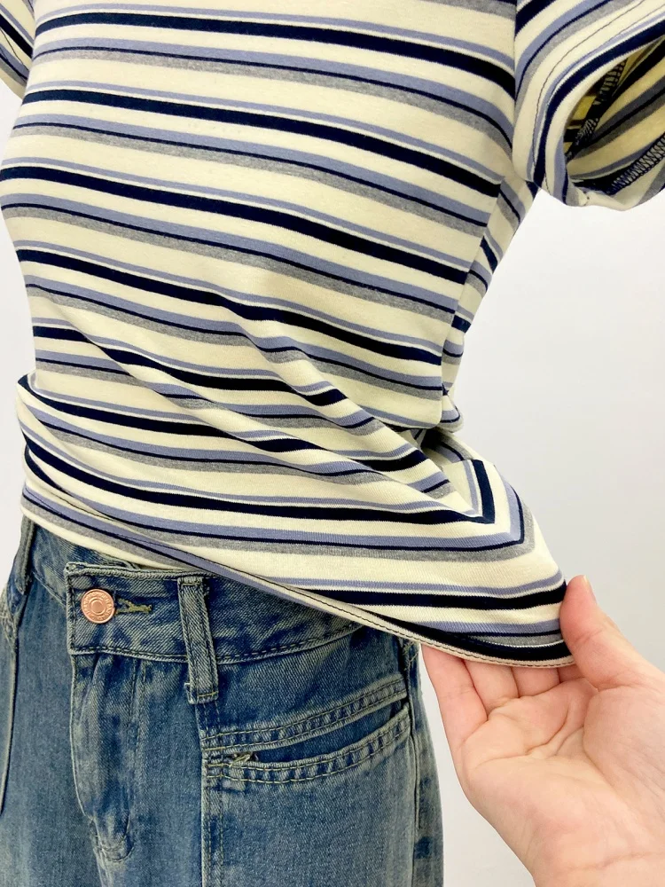 Korean Sle Striped Color Blo ort Sve T-irt Women's Slim Fit Base Layer Top Agel oulder Length Commute Faion