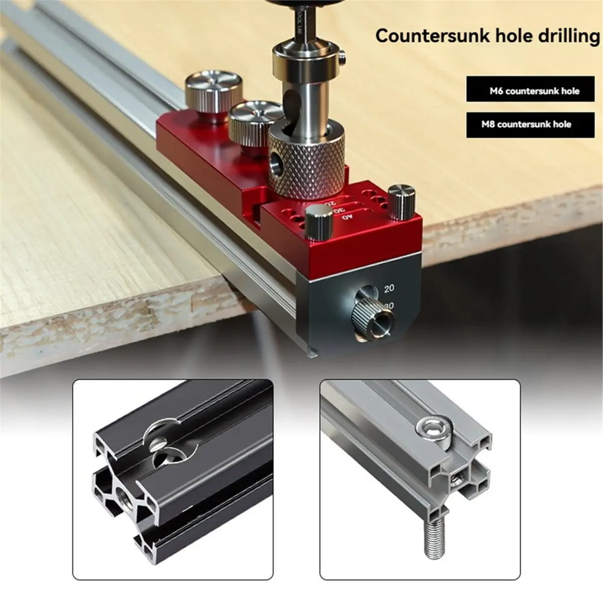 Aluminiumprofil-Bohrführung, Zugangslochbohrlehre mit M6/M8-Stufenbohrern für Extrusionsprofil der Serie 20, 30, 40,