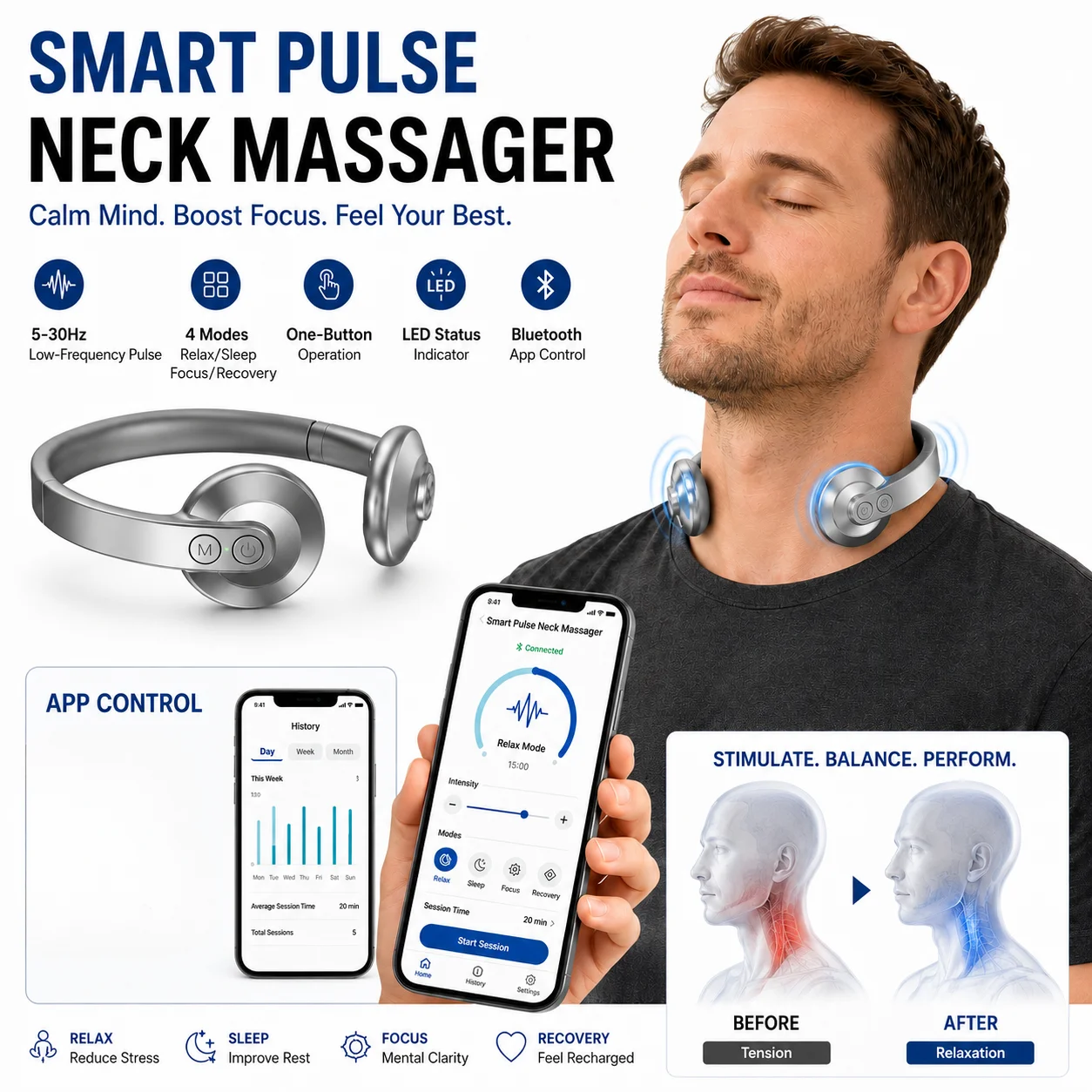Smart Pulse Neck Massager Low Frequency Pulse  5-30Hz 4 Modes Bluetooth App Control One Button Operation Relaxation Device
