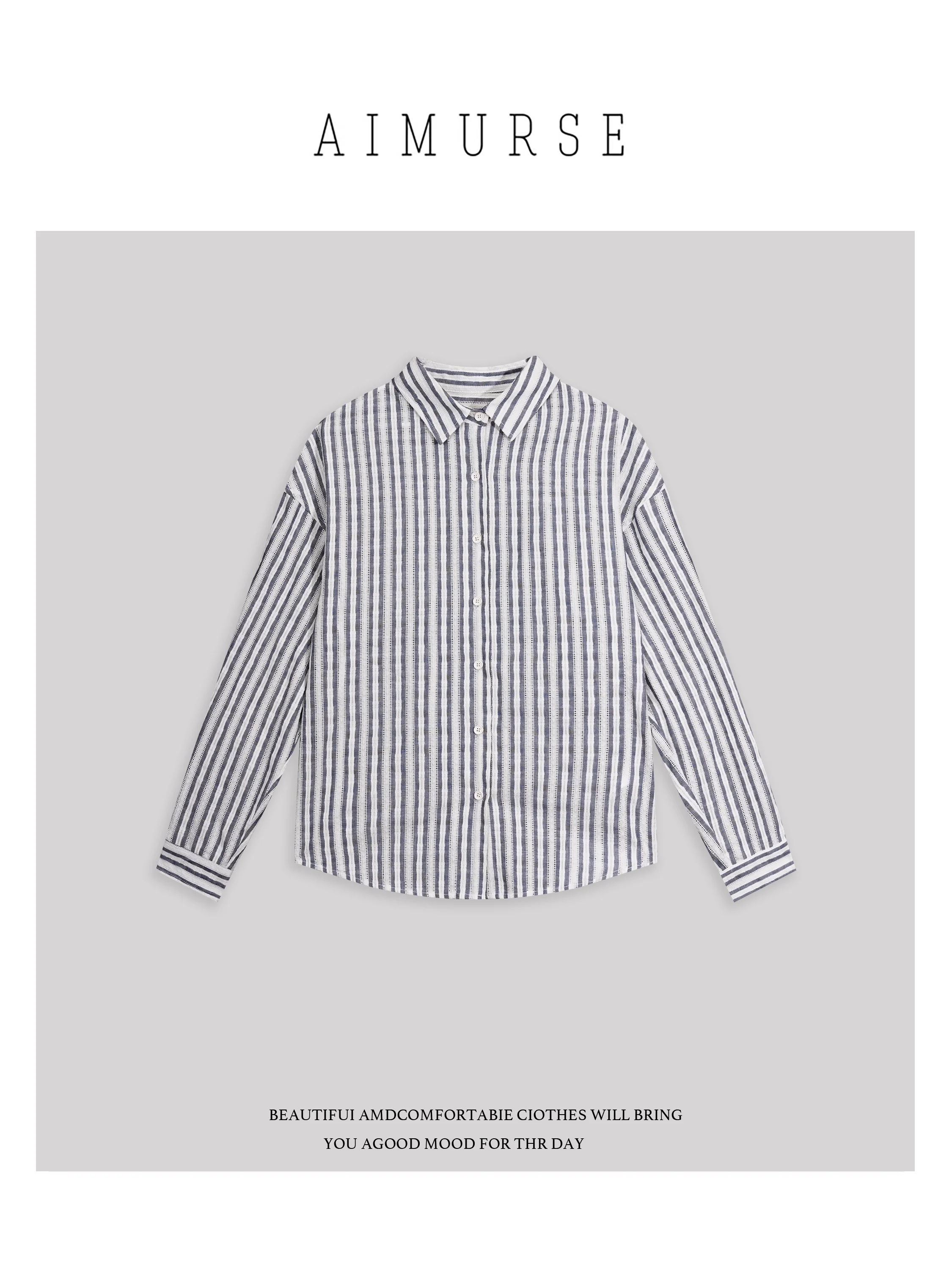

AIMURSE Повседневная хлопковая рубашка в полоску с ажурным узором, дышащая, приятная к телу, комфортная, с длинным рукавом, женская модная одежда на каждый день