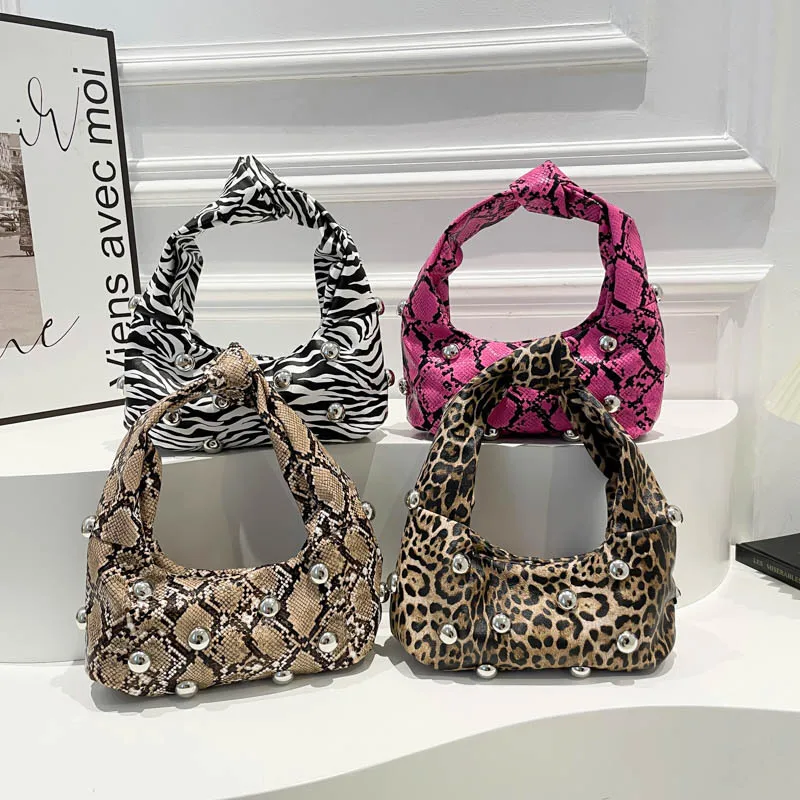 

2025 New! Women's Vintage Leopard & Snake Print Underarm Bag - Stylish Rivet Handbag, Trendy Shoulder Bag