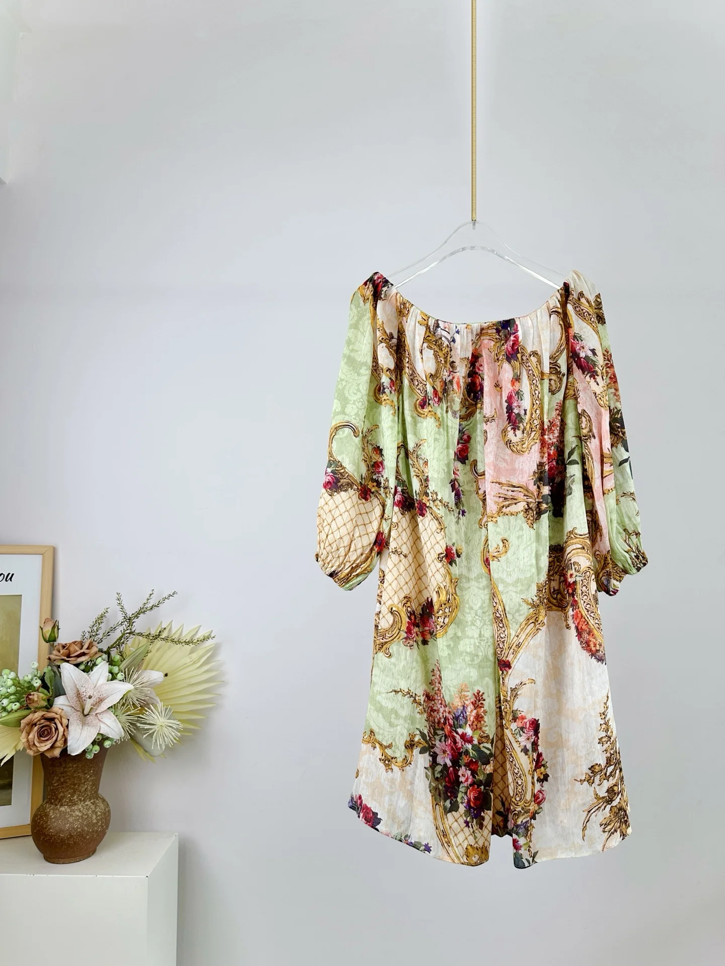 Women Crystal Beaded Mini Dress Positioning Flower Print Slash Neck Lantern Sleeve Loose Female Silk Linen Short Robe