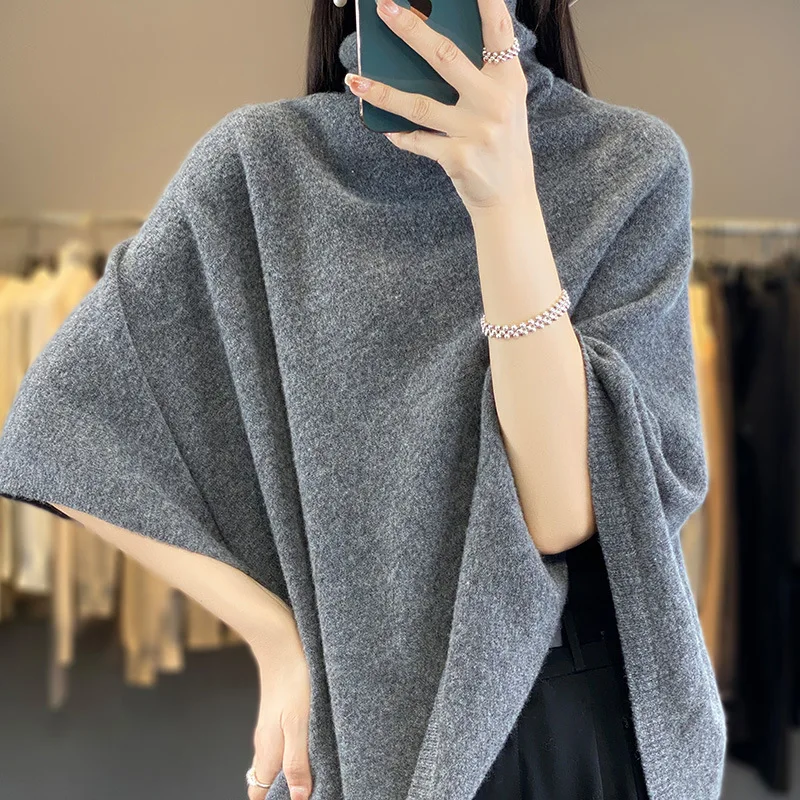 New Autumn and Winter 100% Wool Pile Collar Large Shawl for Women Pure Color Asymmetrical Versatile Knitted Cape with Cape