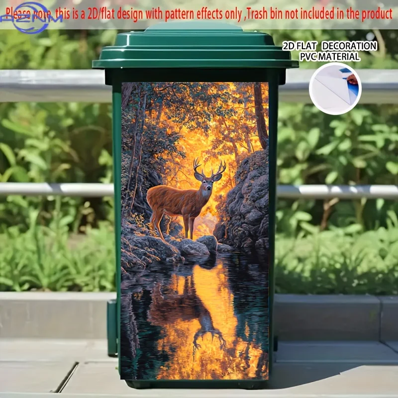 Extra Large Deer by Stream Sunset Self-Adhesive PVC Bin Stickers - Glossy Trash Can Decorations, Peel-and-Stick Dustbin Wrappe