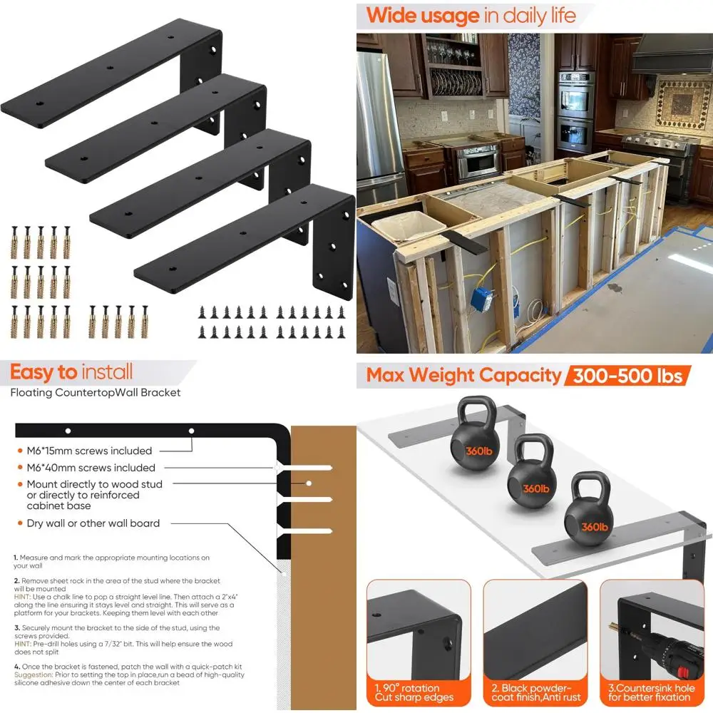 

Heavy Duty Steel Floating Shelf Brackets, 4-Pack, Supports 14x7x2.5 Shelves, Ideal for Quartz and Granite Countertops, Hidden Su