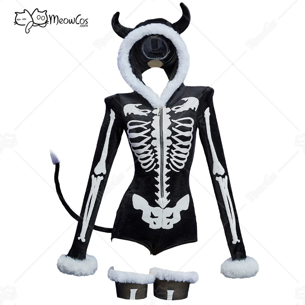 

MEOWCOS Gothic Black White Skull Pattern Fluffy Bodycon Romper Homewear Sexy Lingerie Furry Hooded Bodysuit with Tail and Socks