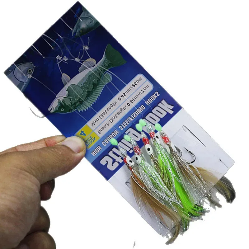 BRAVMACK 5Hoods Luminous Octopus Mackerel Feathers Sabiki Bait Rigs with String Lures Fishing Squid