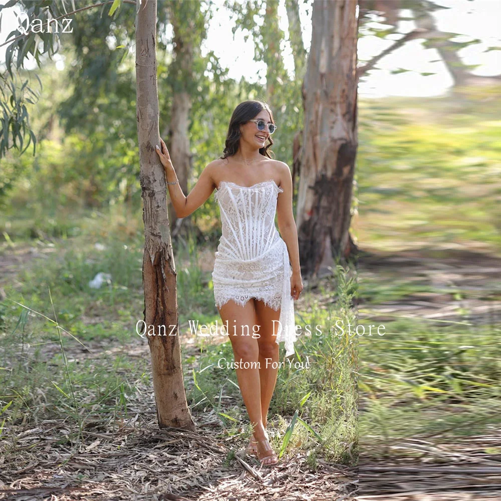 

Qanz Sexy Mini Wedding Party Dresses Lace Strapless Short Vestidos De Novia Sleeveless Open Back Robe De Mariée Customized