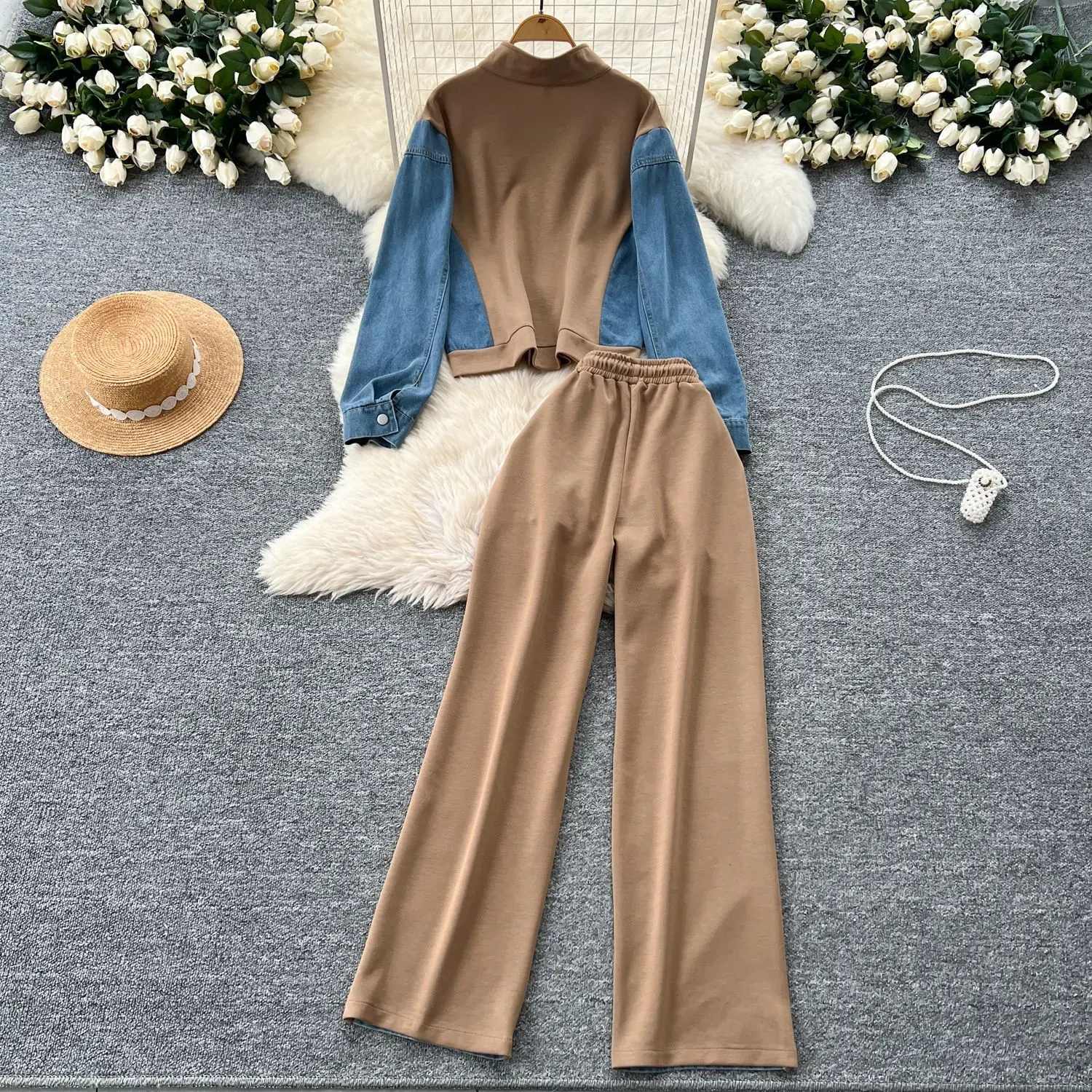 Pant Set Women Two Piece Sets Denim Stand Collar Matching Sets Casual Loose Tops Wide Leg Long Pants Lace Up Y2k Streetwear