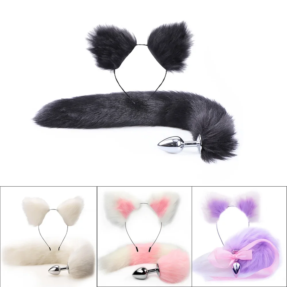 Cute Anal Tail Metal Butt Plug Erotic Adult Game Anal Plug Soft Cat Ear Fox Tail Erotic Roleplay Accessories Set Sex Toys