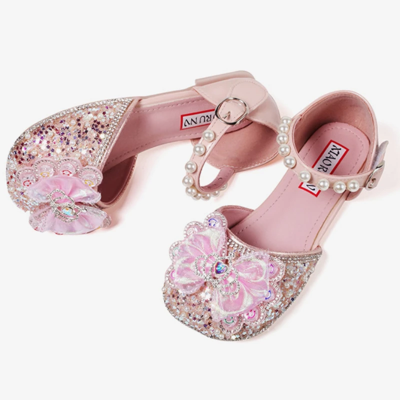 Girls Half Sandals Rhinestone Crown Soft Soled Princess Shoes Children's Fashion Bowknot Pearl Leather Shoes Versatile Hook Loop