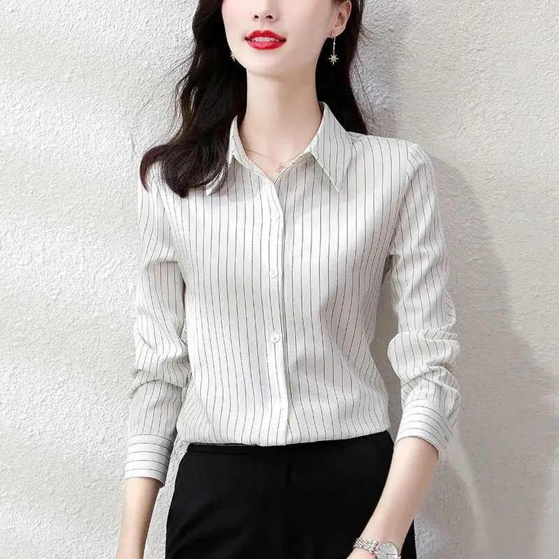 Elegant Lapel Printed Button Striped Shirt Women\'s Clothing 2022 Autumn New Casual Tops Long Sleeve Loose Office Lady Blouse