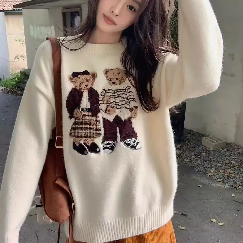 Korean Women O-neck Cartoon Printed Pullover Knitted Sweaters 2025 Autumn Winter New Vintage Korean Version Women Clothing