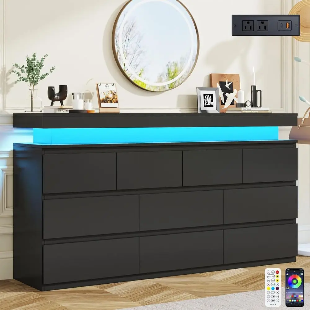 10-Drawer Wide Storage Cabinet with LED Light and Charging Station, 63 Wide x 34 Tall, for Bedroom, Closet, Living Room, Entrywa