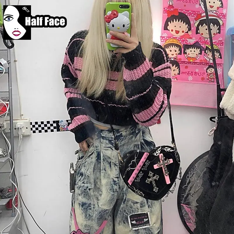 Y2K dziewczęce Harajuku gotycka torebka w kształcie serca spersonalizowany projekt Lolita na jedno ramię punkowy krzyż damska torba Crossbody