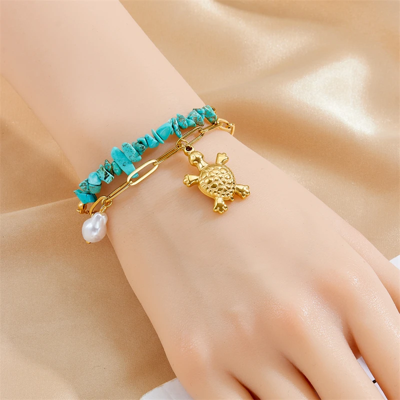 MEYRROYU-pulsera con colgante de tortuga para niña, cadena de mano de acero inoxidable 316L, Perla turquesa, Color dorado, nueva tendencia concisa, regalo de joyería