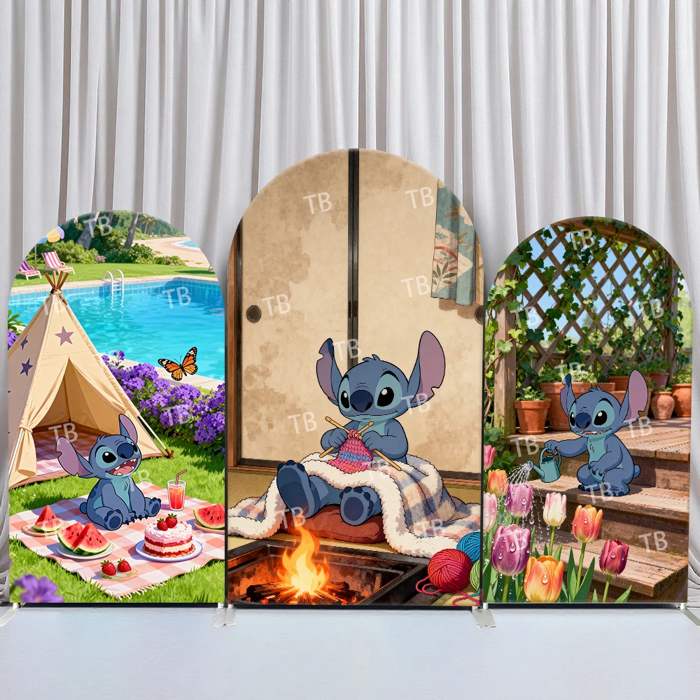 

Disney Stitch Arch Backdrop Cover Picnic Cake Knitting Tulip for Birthday & Baby Shower Party Photo Booth Decor Props