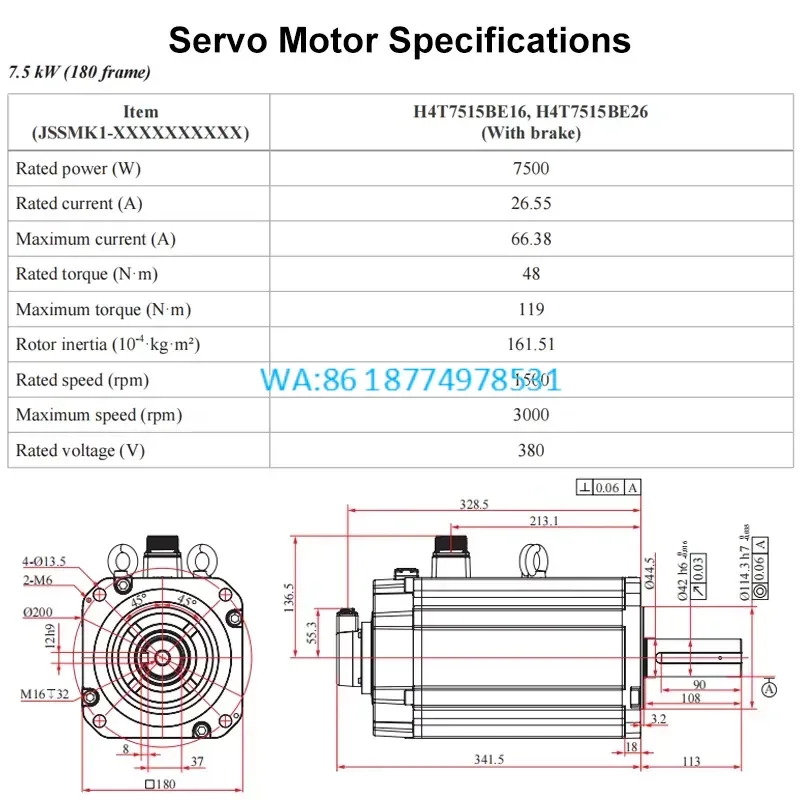Wmwmnu for 17 Bit Absolute Encoder Brake AC Servo Motor with 3 Phase 380VAC Pulse Servo Drive Kit 7.5kW 48N.m 1500rpm