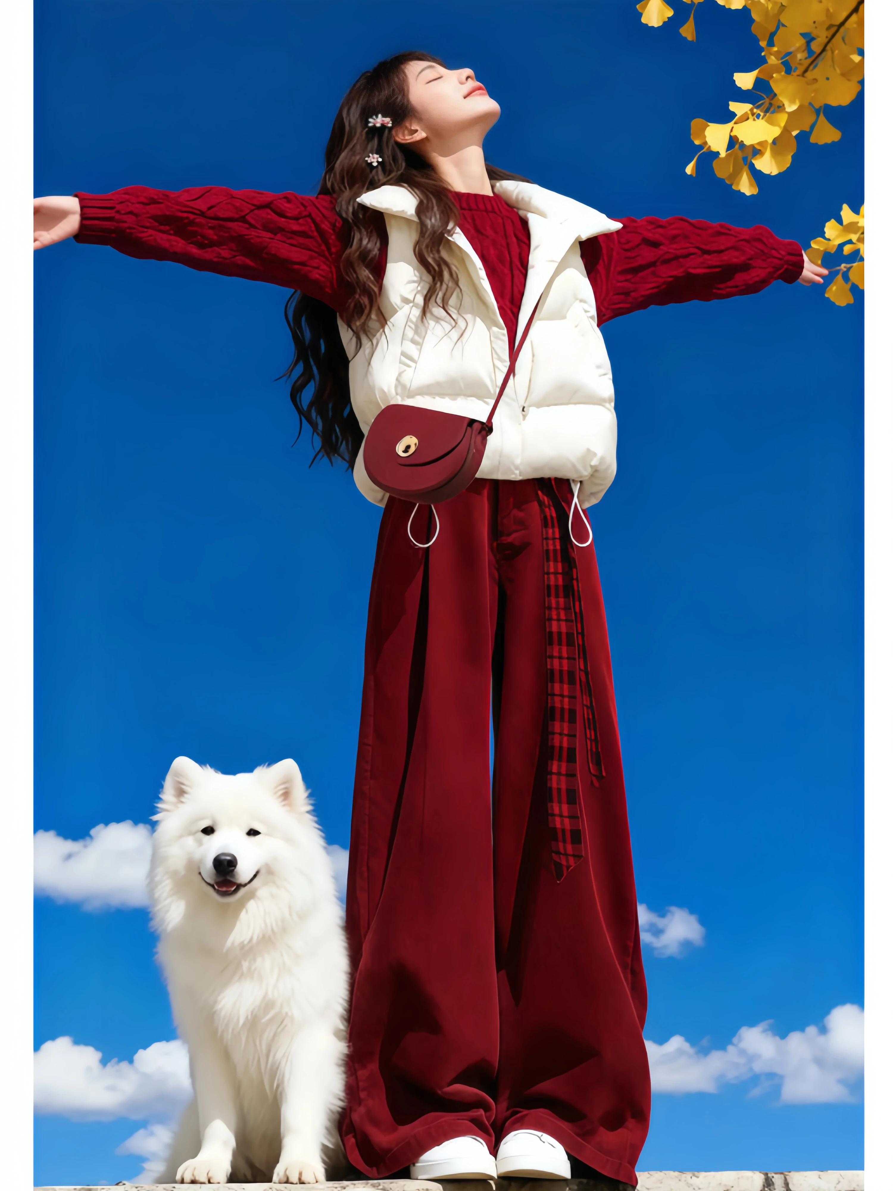 

Thickened Warmth Red down Cotton Vest Sweater High Waist Wide Leg Pants Three Piece Set Winter Fashion Casual Women's Ensemble