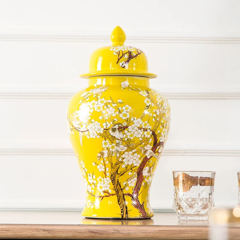 

Flower vase yellow temple jar white Plum and Bird Print Decorative Designer Large Ginger jar tree Floral Ceramic Lidded