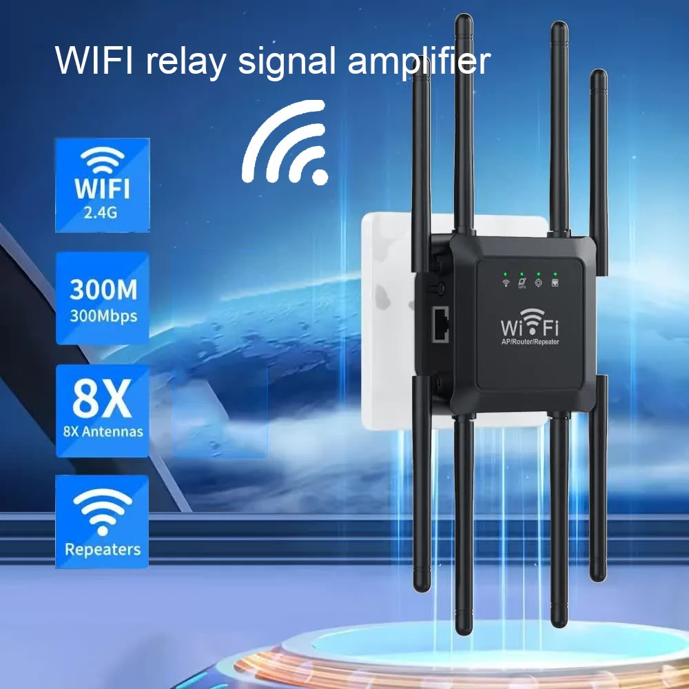 300Mbps WiFi Relay Extender Repeater 8 เสาอากาศอินเตอร์เน็ตไร้สายบูสเตอร์ 2.4G WiFi เครื่องขยายสัญญาณเราเตอร์ไร้สายเครือข่ายสำหรับโฮมออฟฟิศ