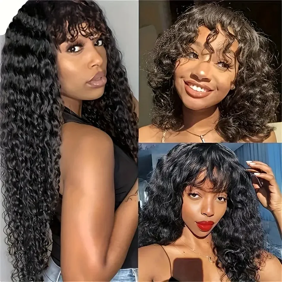 Cheap Deep Curly Brazilian Human Hair Wig with Bangs Machine Made Wigs for Women Human Hair Water Wave Wigs On Sale Promotion