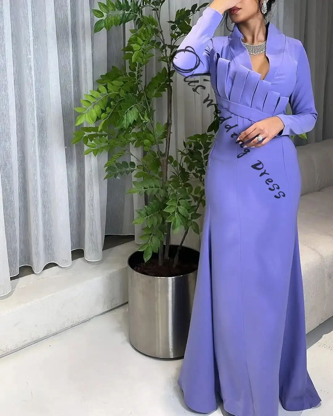 

customized Elegant Long Sleeves Prom Dresses V Neck Pleated Floor Length Party Dresses Evening Dresses