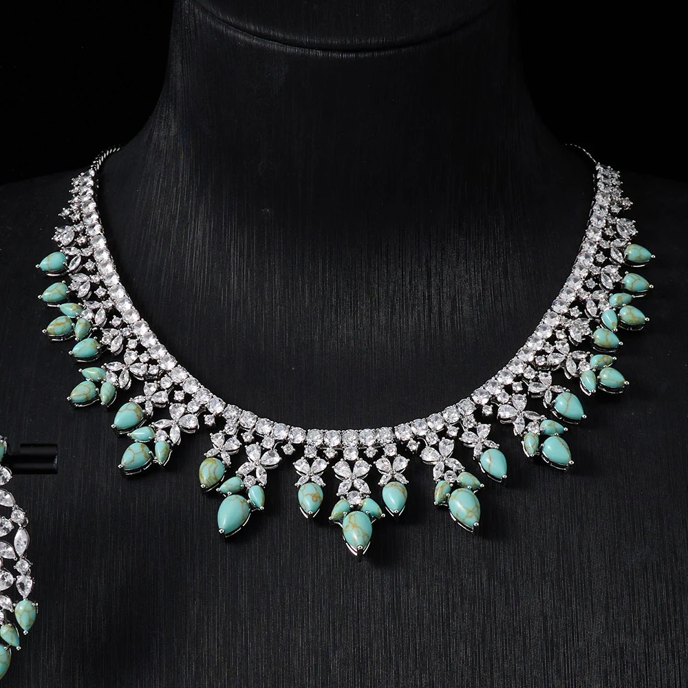 019848C Turquoise Cubic Zirconia Jewelry Set 4Pcs Women Luxury Bridal Necklace Earrings Bracelet Ring Wedding Evening Party Full