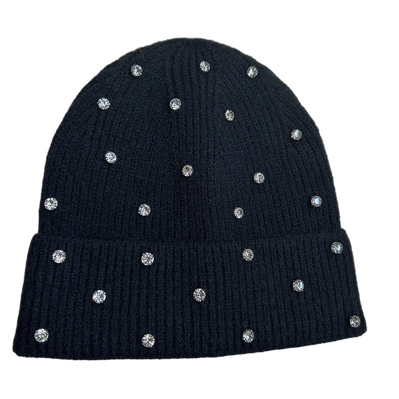 Women's Knit Beanie Winter Hat with Rhinestones, Stylish Solid Color Warm Fleece Lined Cap for Cold Weather