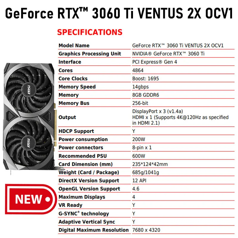 MSI Raphic GeForce RTX 3060 Ti VENTUS 2X 8G OCV1 LHR 8GB GDDR6 tarjetas gráficas de 256 bits Compatible con HDMI HDCP PCI-E 4,0 GPU