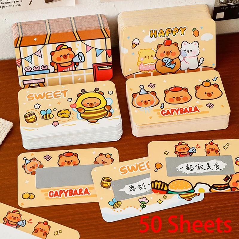 50 Sheets Cartoon Animal Capybara Theme Diy Rewards Scratch Cards Invitation Ca…