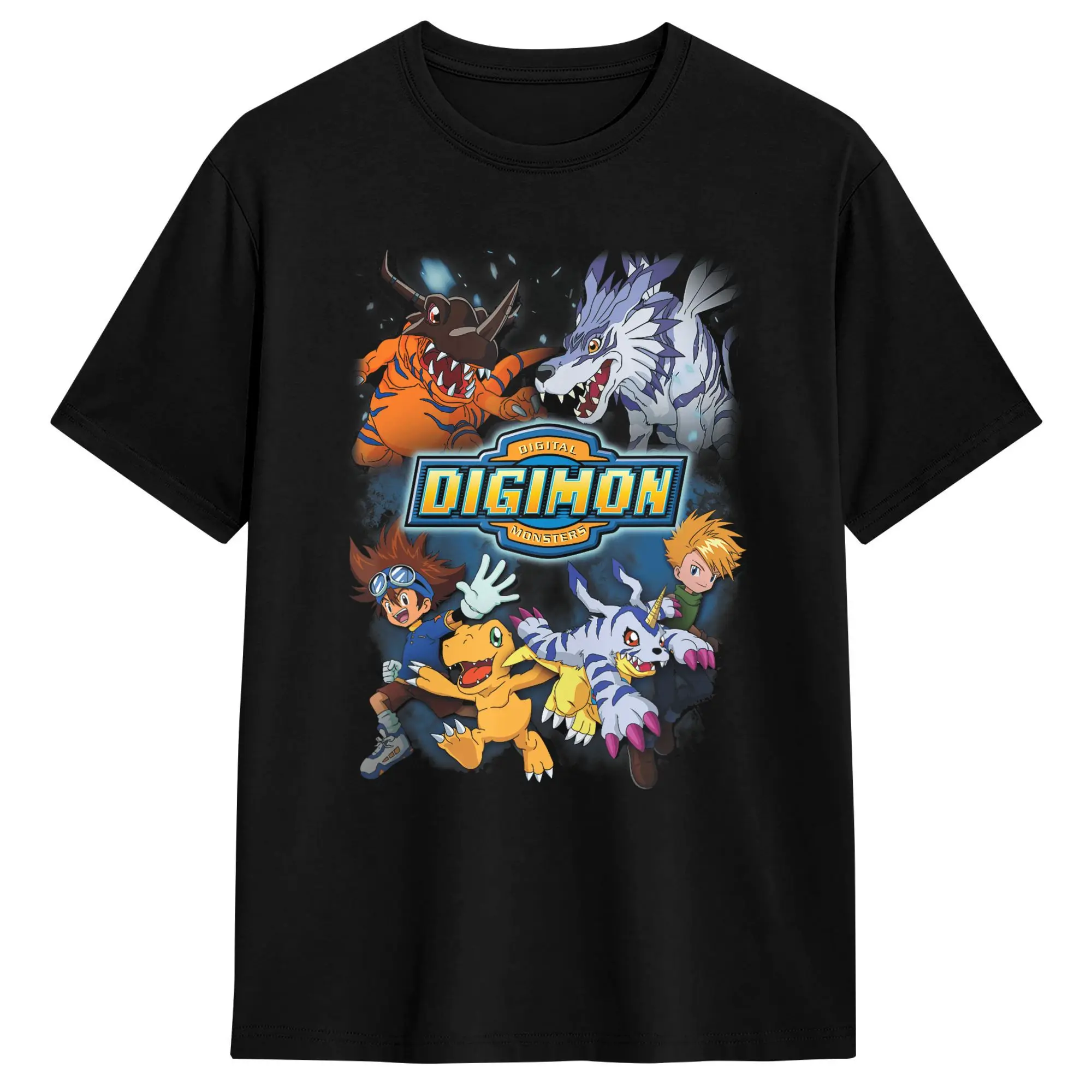 Men's T-Shirt Digimon Greymon and Garurumon Lightning Digital Monsters Creative Pure Cotton Tee Shirt Short Sleeve  T Shirts