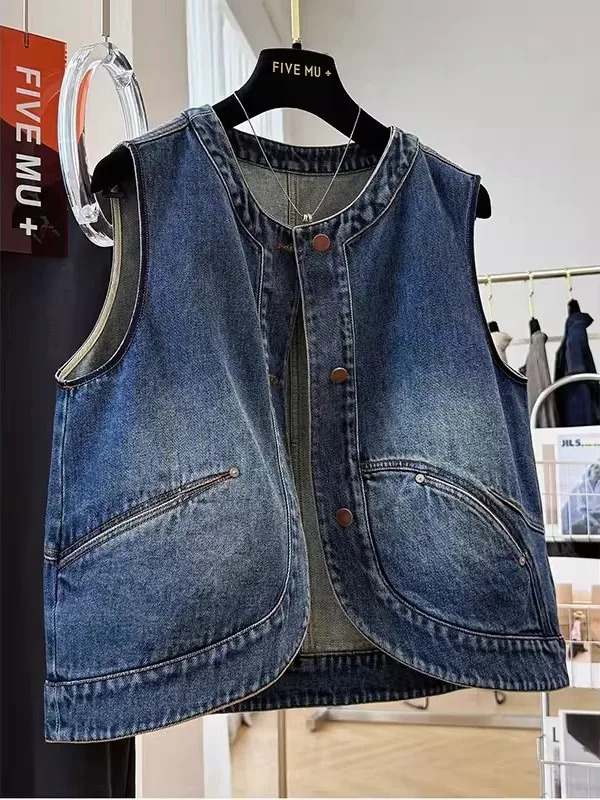 

Loose Fit Denim Vest ex Svel oulder Pad Spring Autumn Outerwear Casual Sle round Ne Single Button Closure
