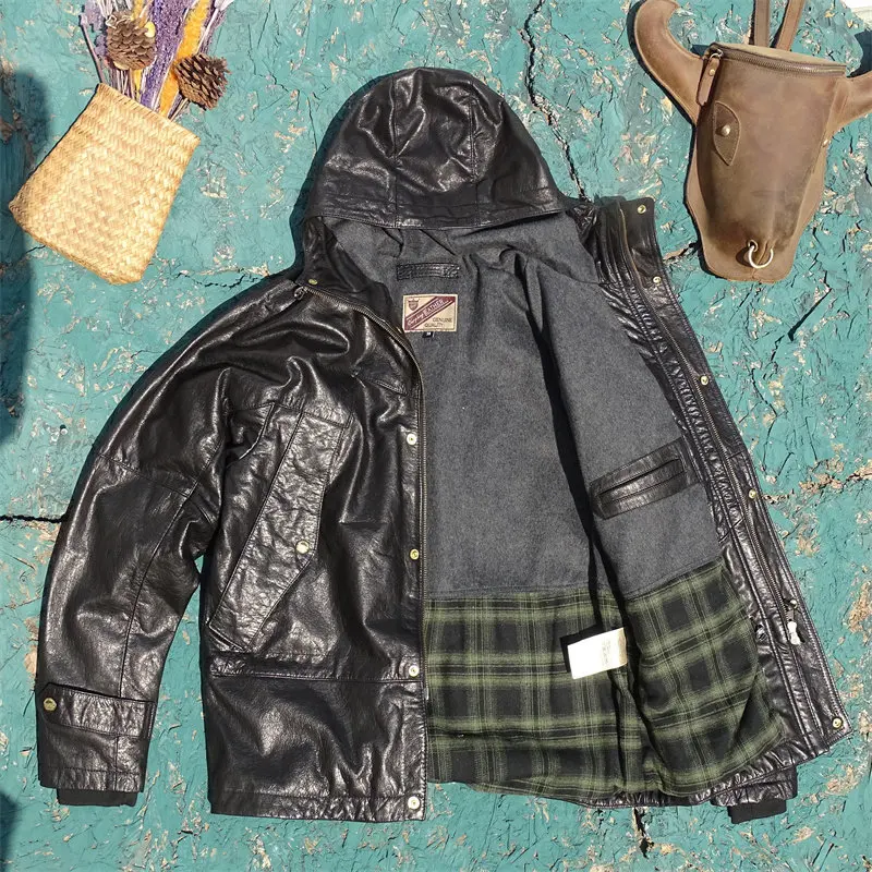 

Black Winter Hooded Leather Jacket Men Safari Style Plus Size 4XL Genuine Natural Thick Cowhide Turn-Down Collar Coat