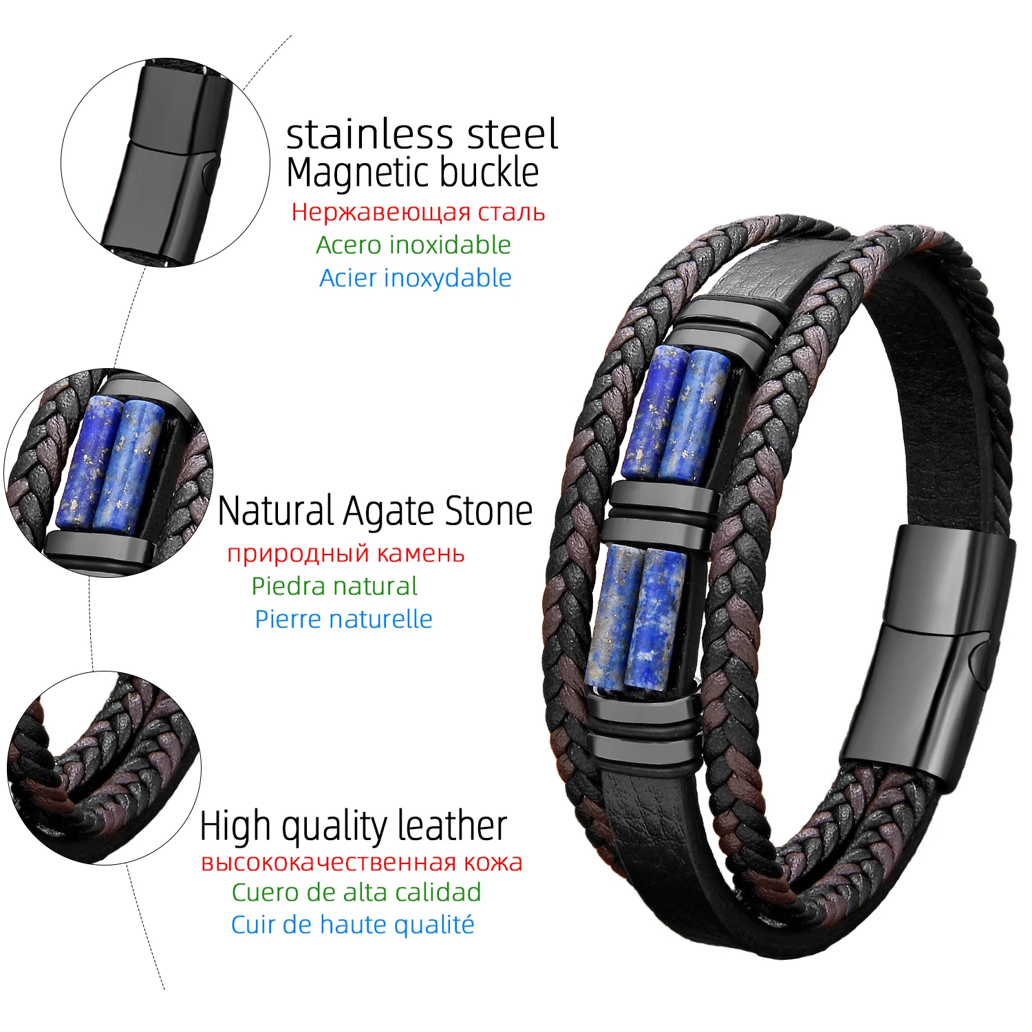 New in Natural Stone Men\'s Bracelet Stainless Steel Bracelets Woman 2023 Leather Boho Jewelry and Accessories Father\'s Day Gifts