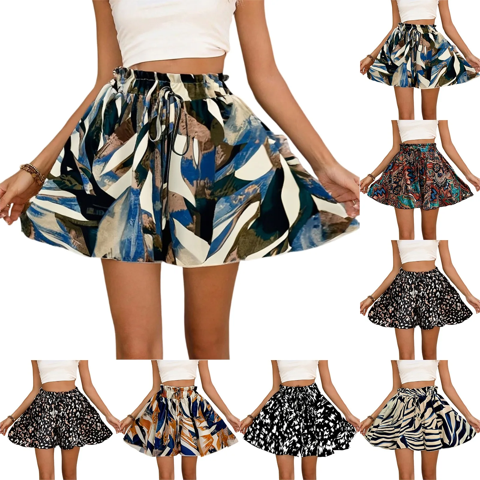 شورت نسائي بوهيمي شورت فضفاض عالي الخصر برباط خفيف الوزن ومريح للشاطئ مطبوع بنطال قصير بأرجل واسعة