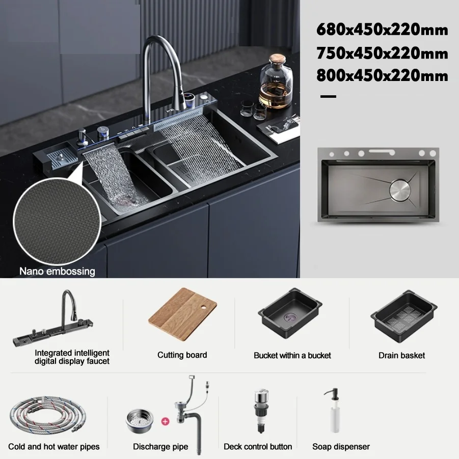 Sink,Kitchen Sink Luxury Organizer Rack Sink Dish Storage Rack OEM Stainless Steel Modern Black Flying Rain Waterfall Smart