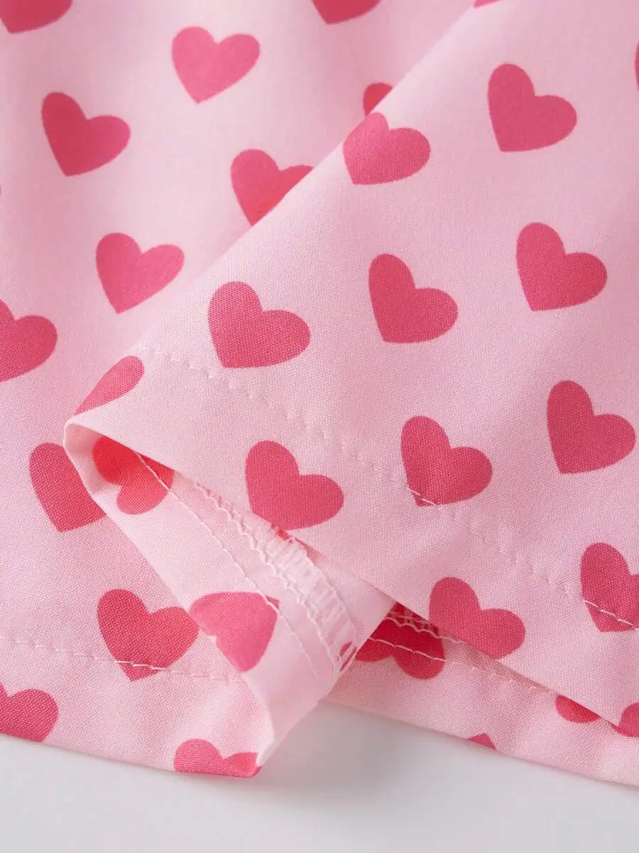 

2pcs Women Pajama Set Long Sleeve V Neck Heart Print Loose Top Elastic Waist Shorts Loungewear